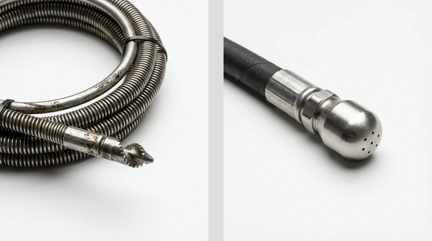 Drain snake cable and hydro jetting nozzle used for drain cleaning in Etna, ME