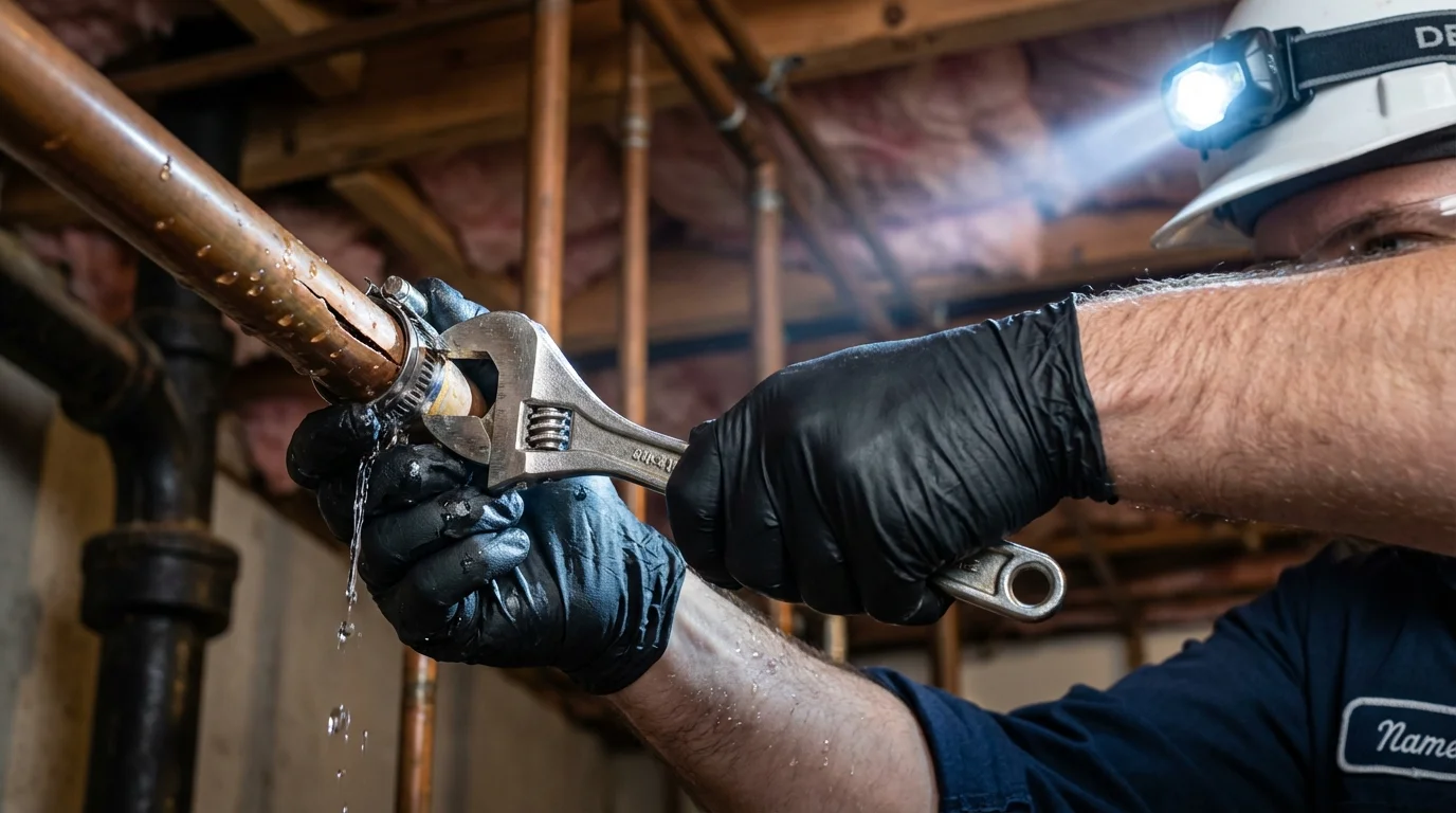Emergency pipe clamp repair being performed by a Johns Plumbing LLC plumber in Etna