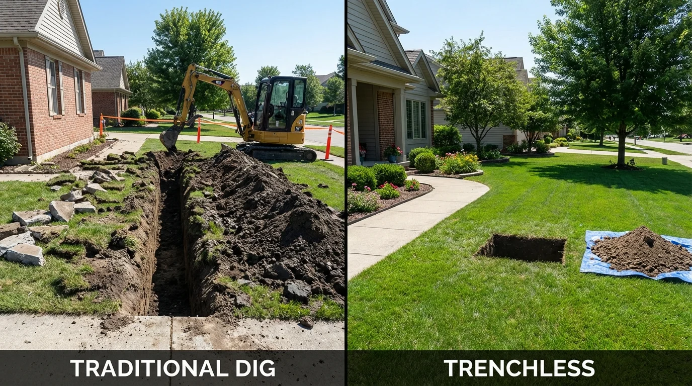 Trenchless sewer repair with minimal yard damage versus traditional excavation in Etna, ME
