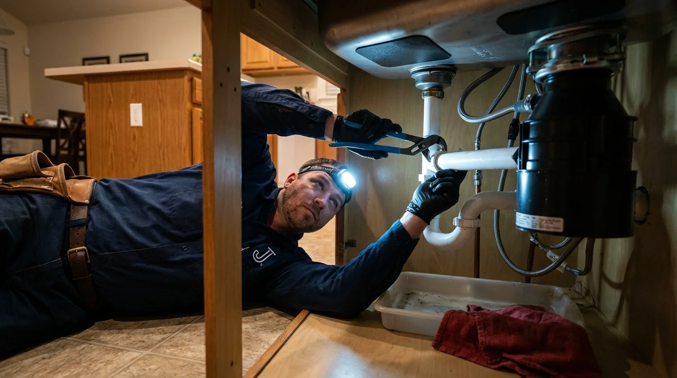 P-trap and supply line connections under a kitchen sink showing a common leak point in Etna, ME